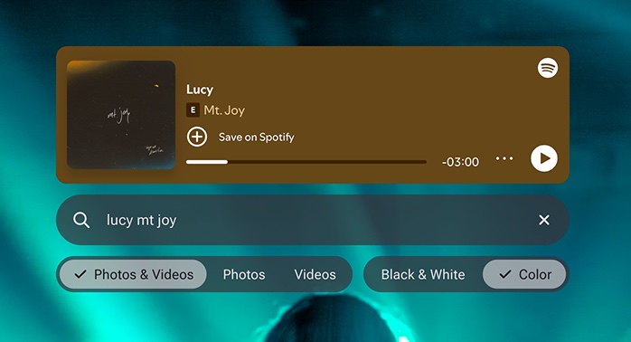 Close-up of the player controls: the Spotify song card, the search field, and filters for photos, videos, black and white, or color